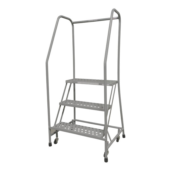 A grey powder-coated steel Cotterman rolling ladder with 3 steps and wheels.