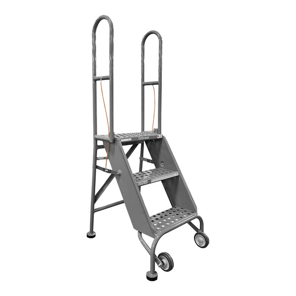 A gray metal Cotterman rolling ladder with three steps.