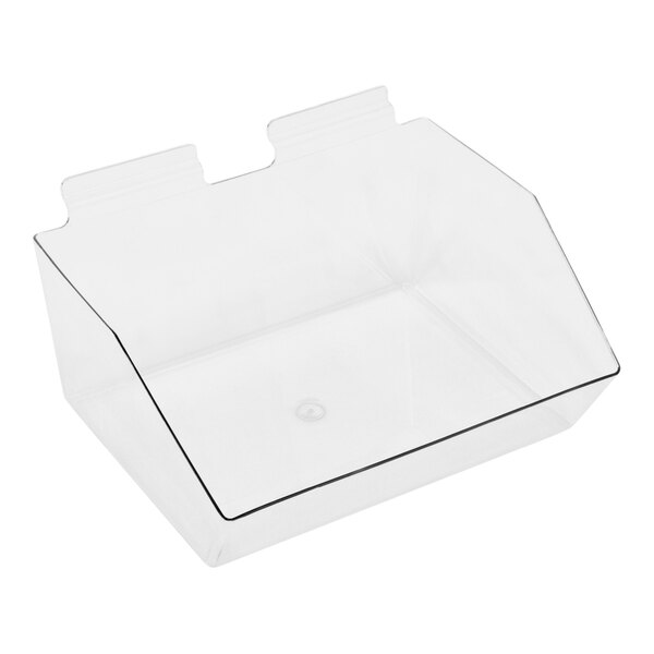 A clear plastic slanted bin for retail displays.