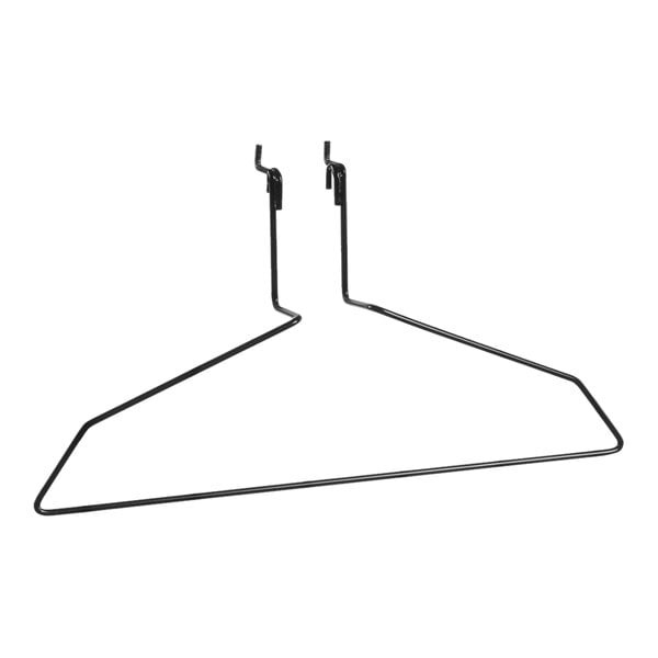 A pair of black metal wire hangers.