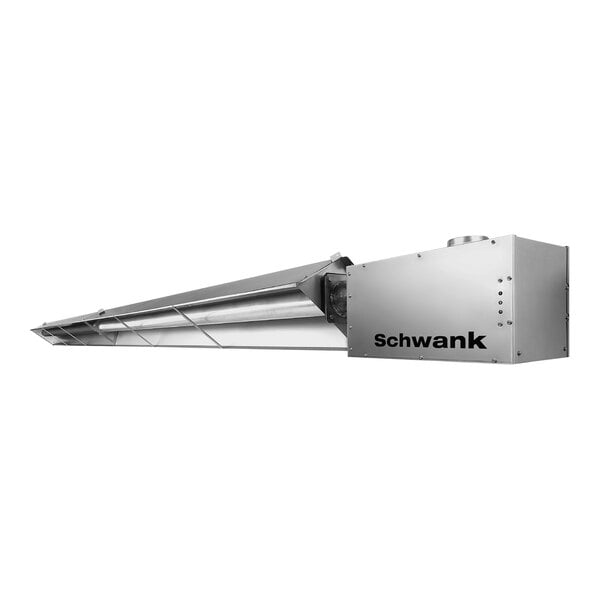 A close-up of a Schwank single-stage tube heater with stainless steel and aluminized steel parts.