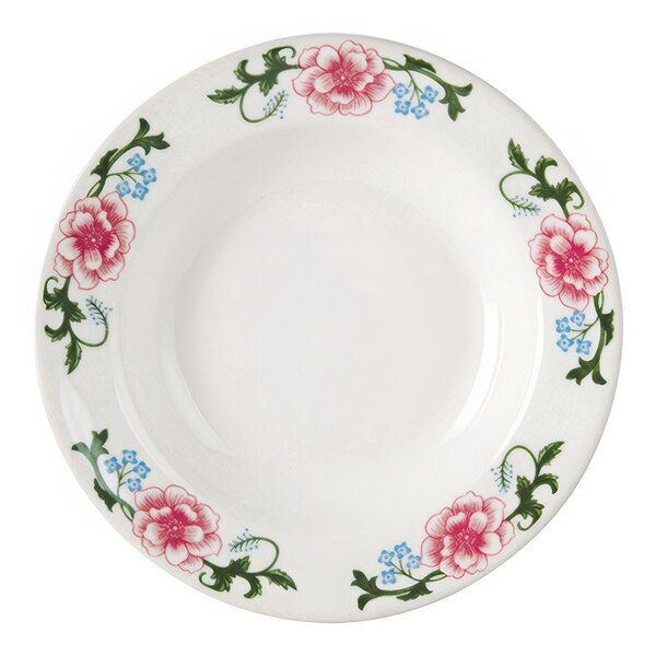 A Tuxton China white narrow rim soup bowl with a circular center and pink flowers on it.