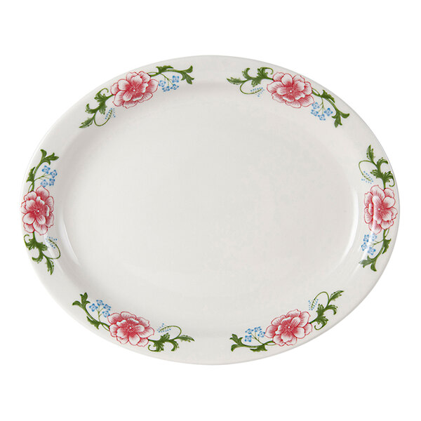 A Tuxton Western Rose china oval platter with a white background and pink flowers on it.