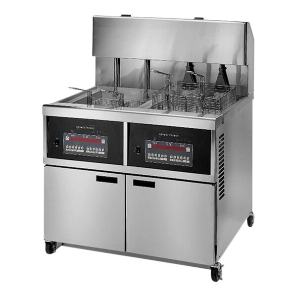 A Henny Penny commercial electric fryer with two wells, a red stripe, and Computron 8000 controls on a counter.