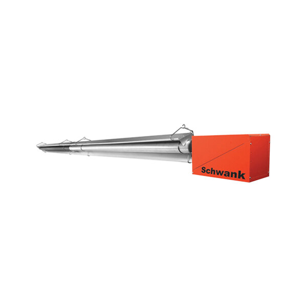 A Schwank U-Tube natural gas heater with black and orange metal parts.