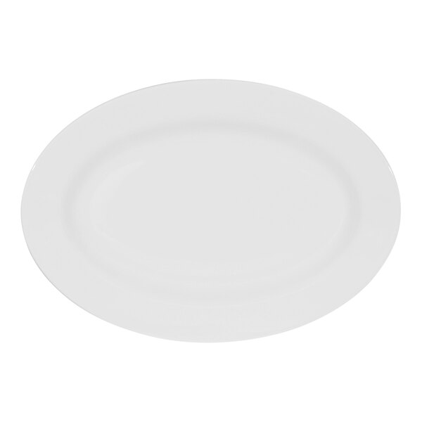 A Tuxton Modena AlumaTux oval china platter with a white background and a white border.