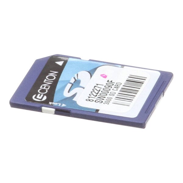 A blue memory card with a white label.