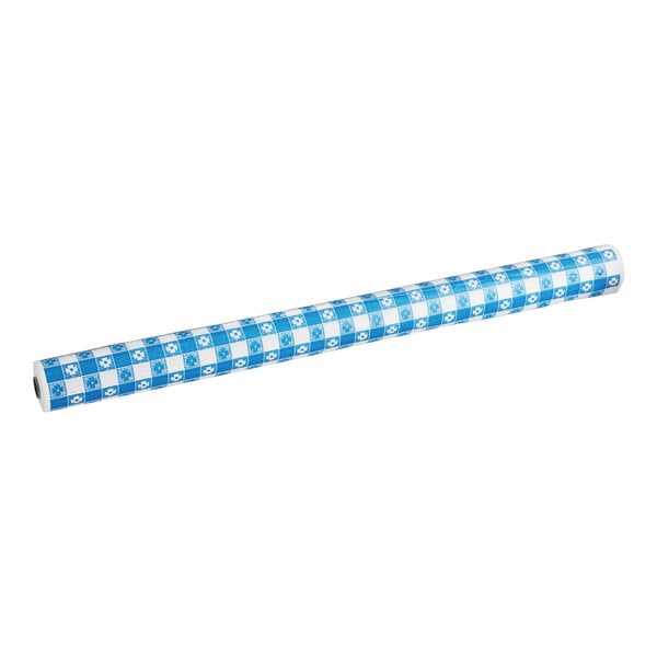 A blue and white checkered plastic table cover roll.