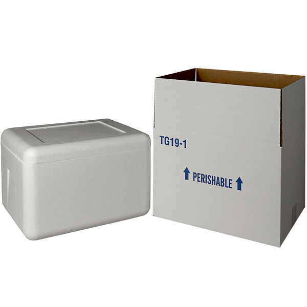 A white box with blue writing containing a white styrofoam cooler.