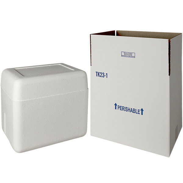 A white insulated shipping box with a white styrofoam cooler inside.