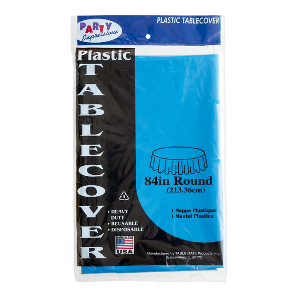 A blue plastic Table Mate table cover in packaging with white text.