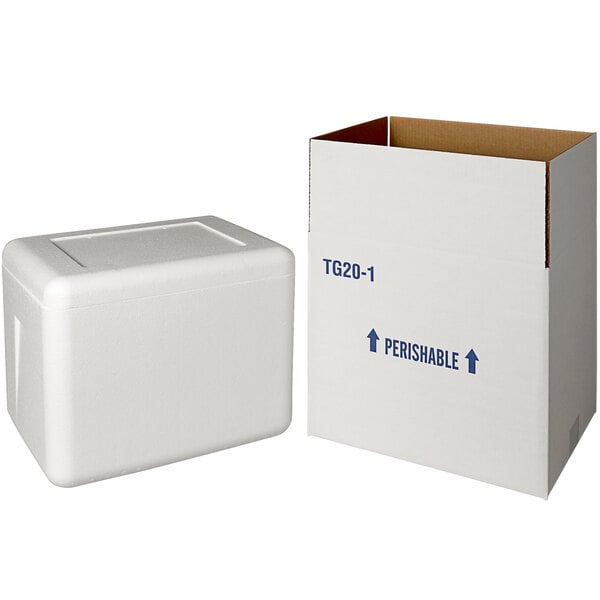 A white insulated shipping box with a white foam cooler inside.