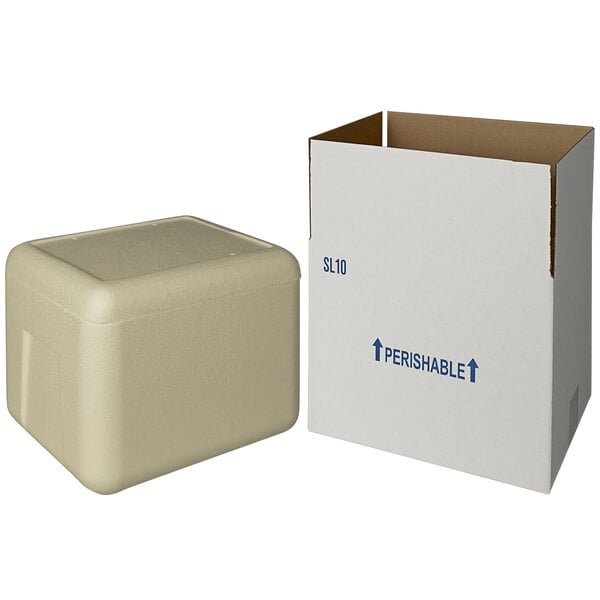 A white insulated shipping box with a tan biodegradable cooler inside.