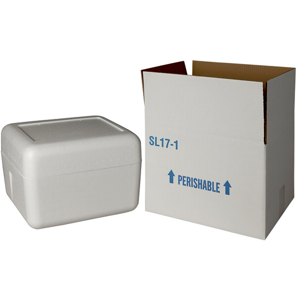 A white insulated shipping box with blue writing on the lid.