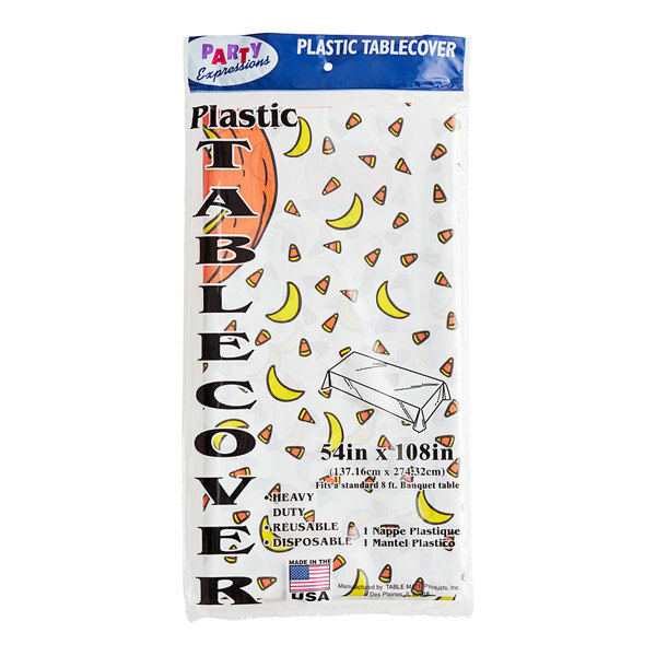 A package of 24 plastic Table Mate tablecloths with a Halloween pumpkin design on the package.