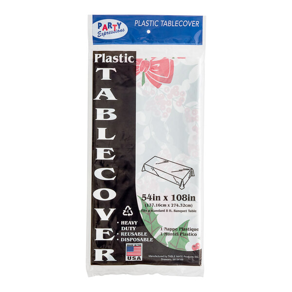 A plastic Table Mate rectangular table cover with a holly bow design in a plastic bag.