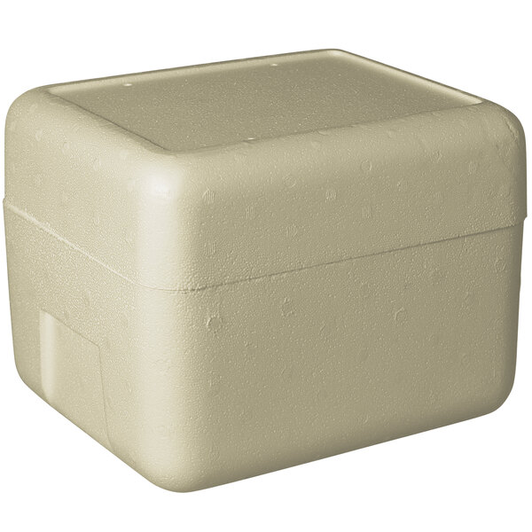 An insulated white foam cooler with a square top.