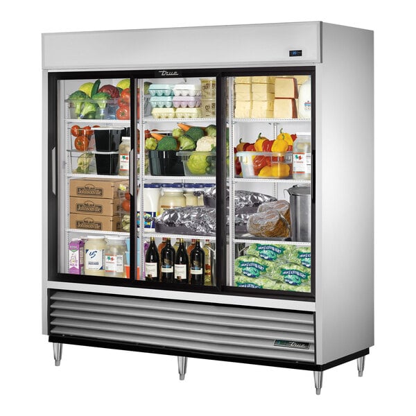 A True 3 section sliding glass door reach-in refrigerator.