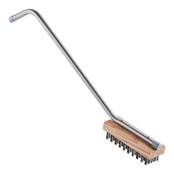 A Choice stiff steel bristle grill brush with a wooden handle.