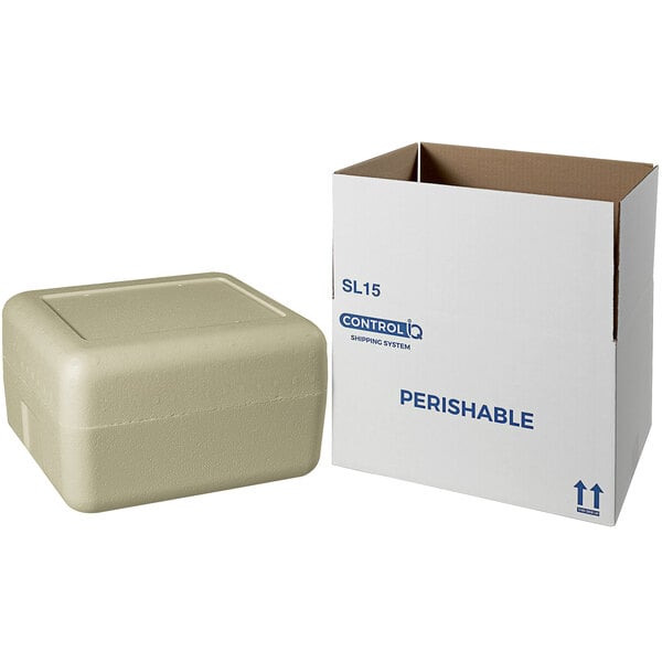 A white insulated shipping box with a white biodegradable cooler inside.