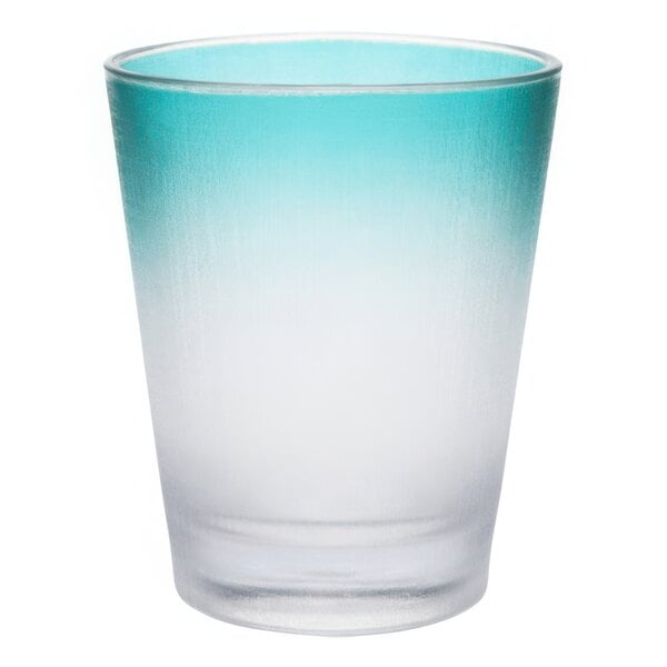 A clear plastic rocks glass with a blue and white gradient.