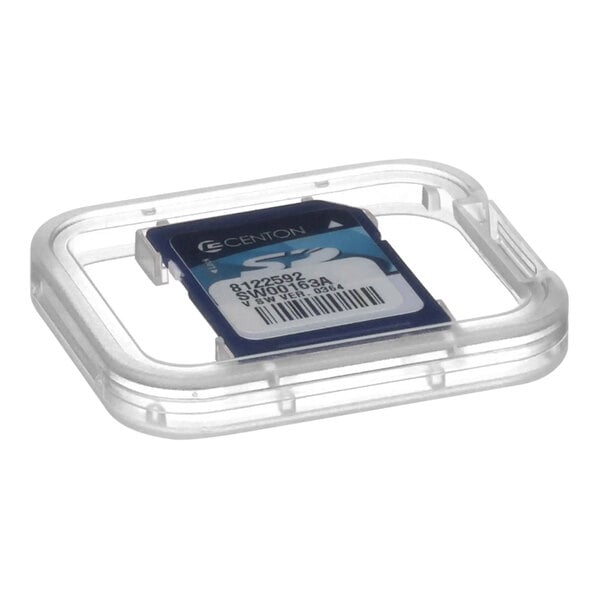 A Frymaster SD card in a clear plastic case with blue and white accents.