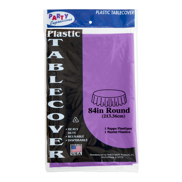 A package of purple plastic Table Mate table covers.