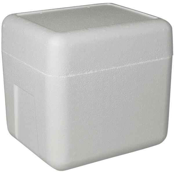 A white insulated foam cube cooler with a lid.