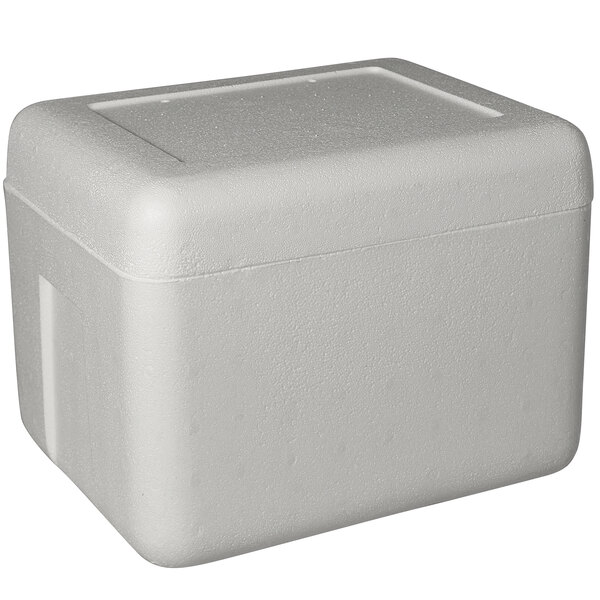 A white styrofoam cooler box with a lid.