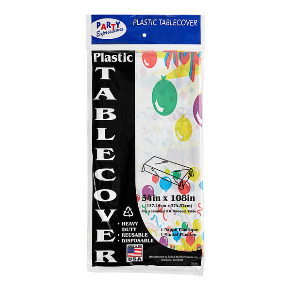 A plastic Table Mate table cover with a Happy Birthday design in balloons and confetti on a table.