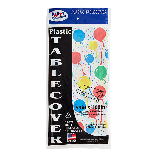 A rectangular Table Mate plastic table cover with balloons on a table.