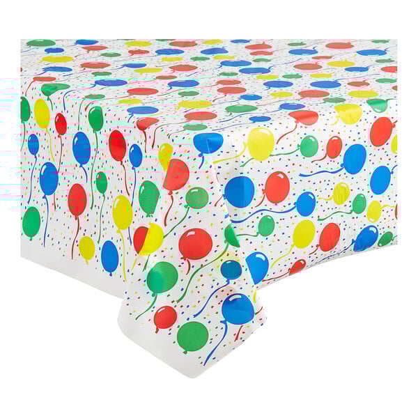 A Table Mate plastic table cover with colorful balloons on it.