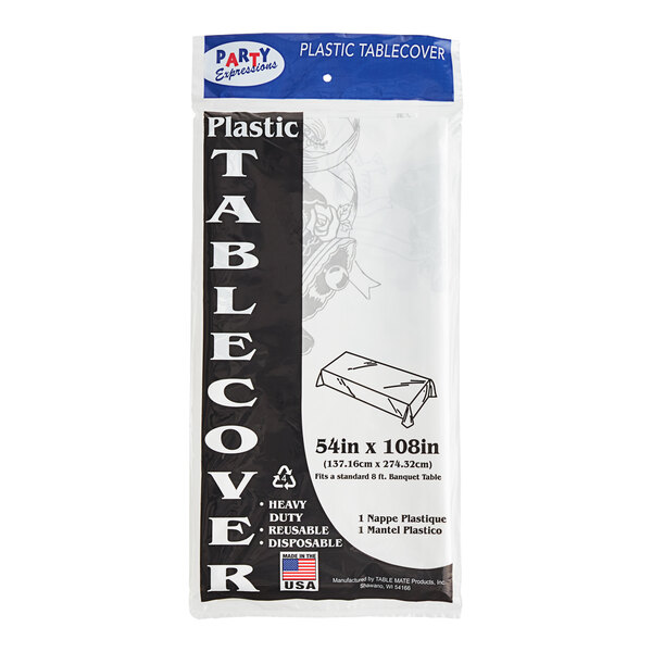 A white plastic Table Mate table cover with a blue and white label.