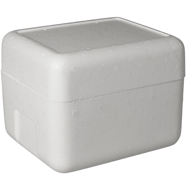 A white styrofoam cooler with a lid.