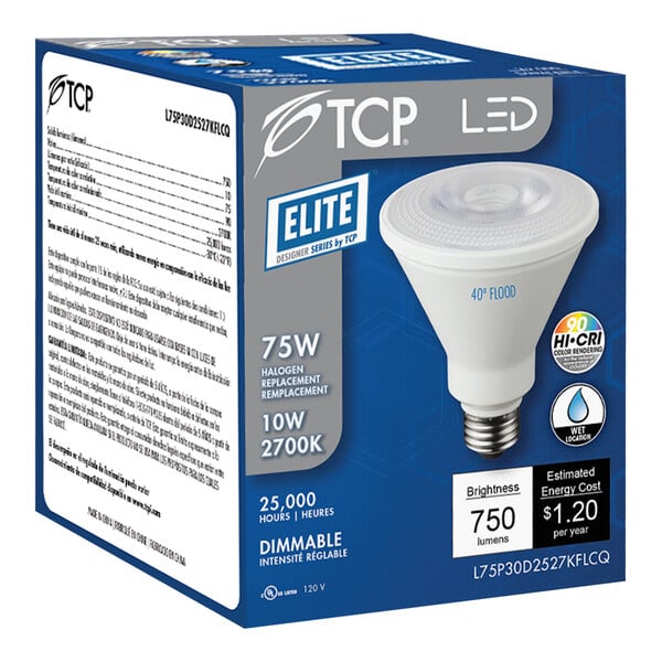 A white box with a TCP PAR30 LED light bulb inside.