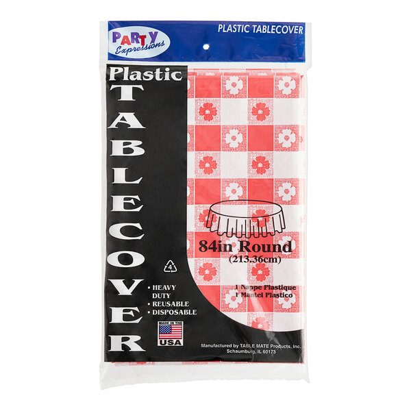 A package of 24 red gingham plastic round table covers.