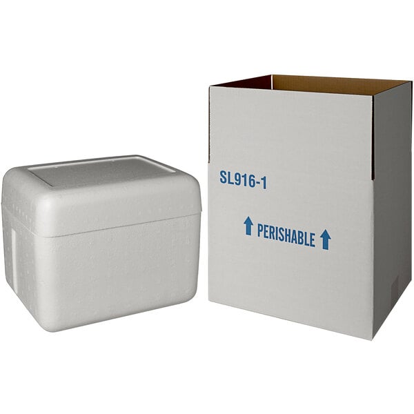 A white insulated shipping box with a white foam cooler inside.