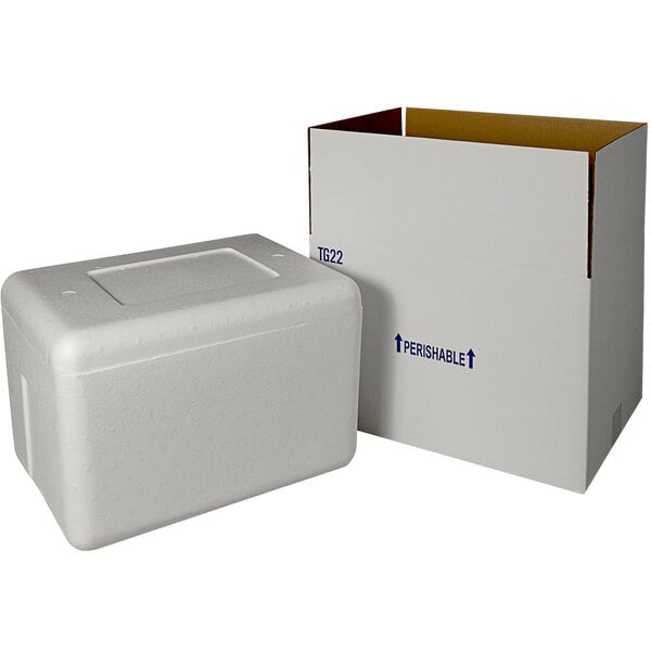 A white insulated shipping box with a white styrofoam cooler inside.