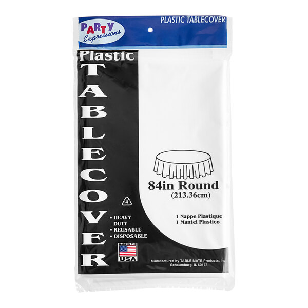 A package of white plastic table covers.