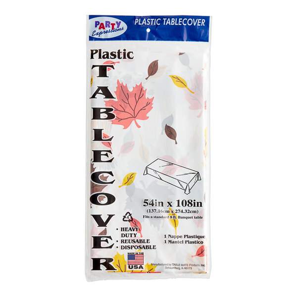 A Table Mate plastic table cover with fall leaves on it.