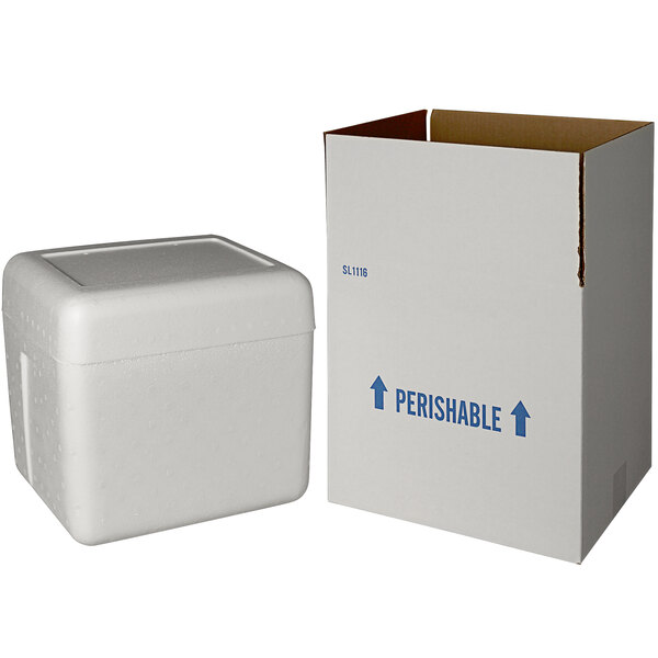 A white insulated shipping box with a white foam cooler inside.