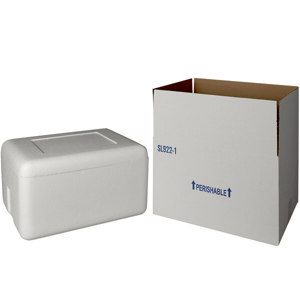 A white insulated shipping box with a white styrofoam cooler inside.