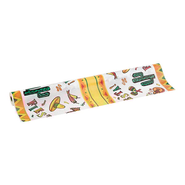 A Table Mate Fiesta Time plastic table cover roll with a mexican design on the paper.