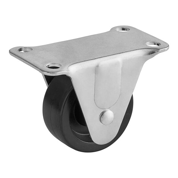 A Frymaster low profile rigid caster with a black rubber wheel and chrome and black metal parts.