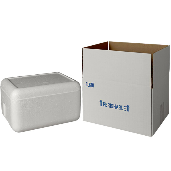 A white insulated shipping box with a white styrofoam cooler inside.