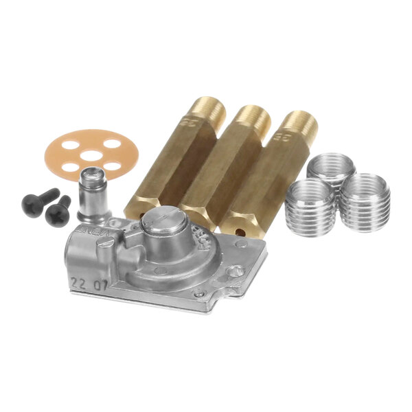 A Frymaster propane to natural gas conversion kit with brass fittings and nuts.