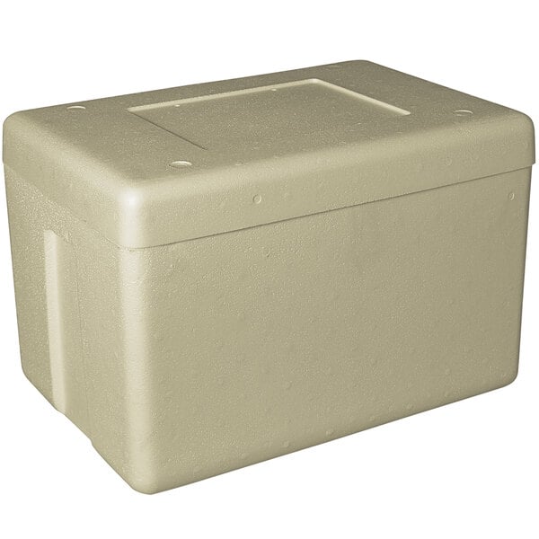 An insulated beige biodegradable cooler box with a lid.