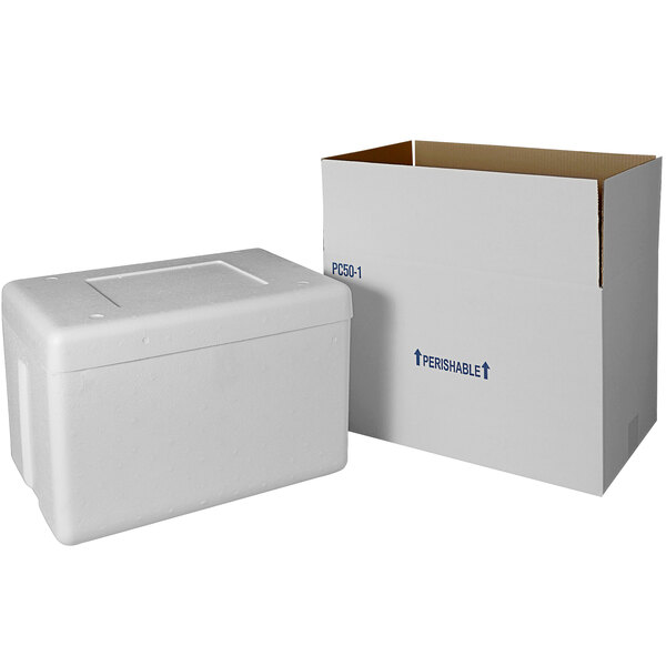 A white insulated shipping box with a white foam cooler inside.