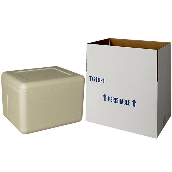 A white insulated shipping box with blue writing next to a biodegradable cooler.