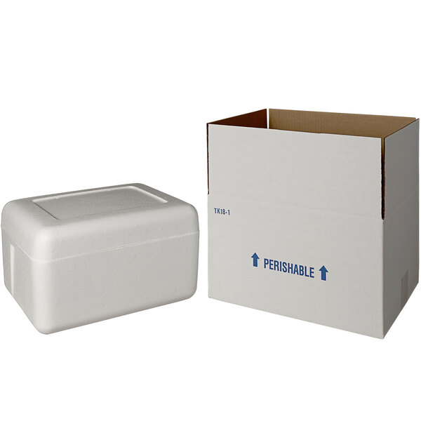 A white box with blue writing that contains a white styrofoam cooler.